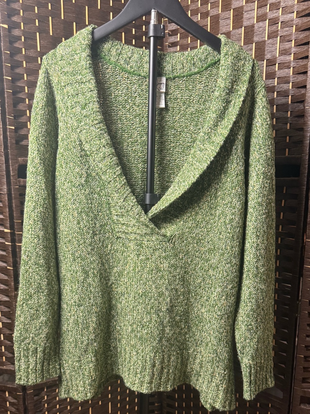 Fashion Bug Green Marled V-Neck Sweater with Shawl Collar